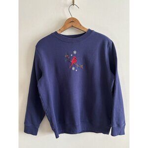 Vintage Winter Cardinal Bird Embroidery Blue Sweatshirt Pet Large 80s
